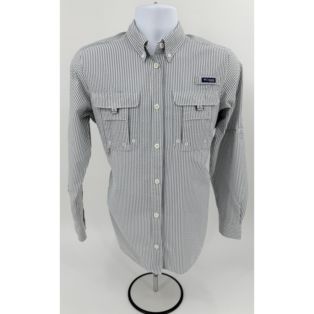 Columbia PFG "Super Bahama" Grey White Shirt LS Seek Sucker Stripe Women's Small